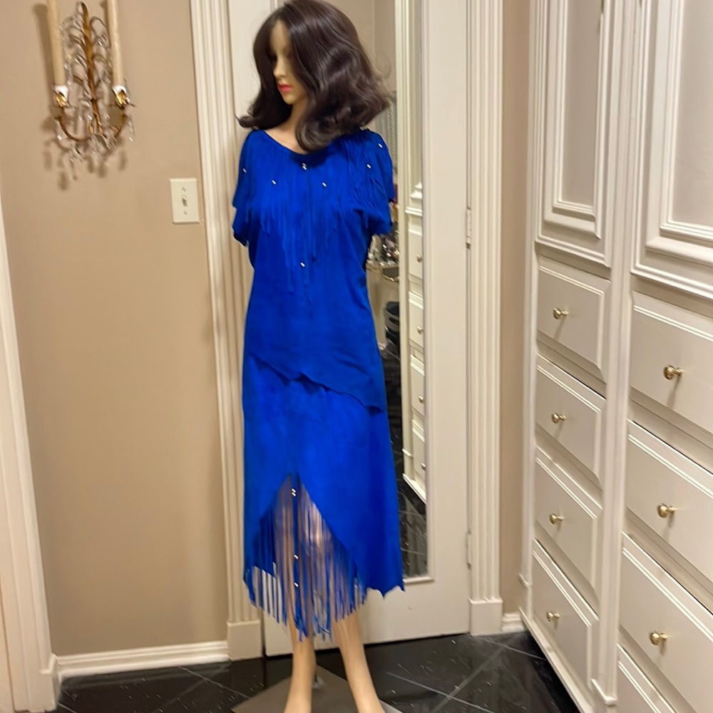 Vintage blue suede fringed two piece dress
